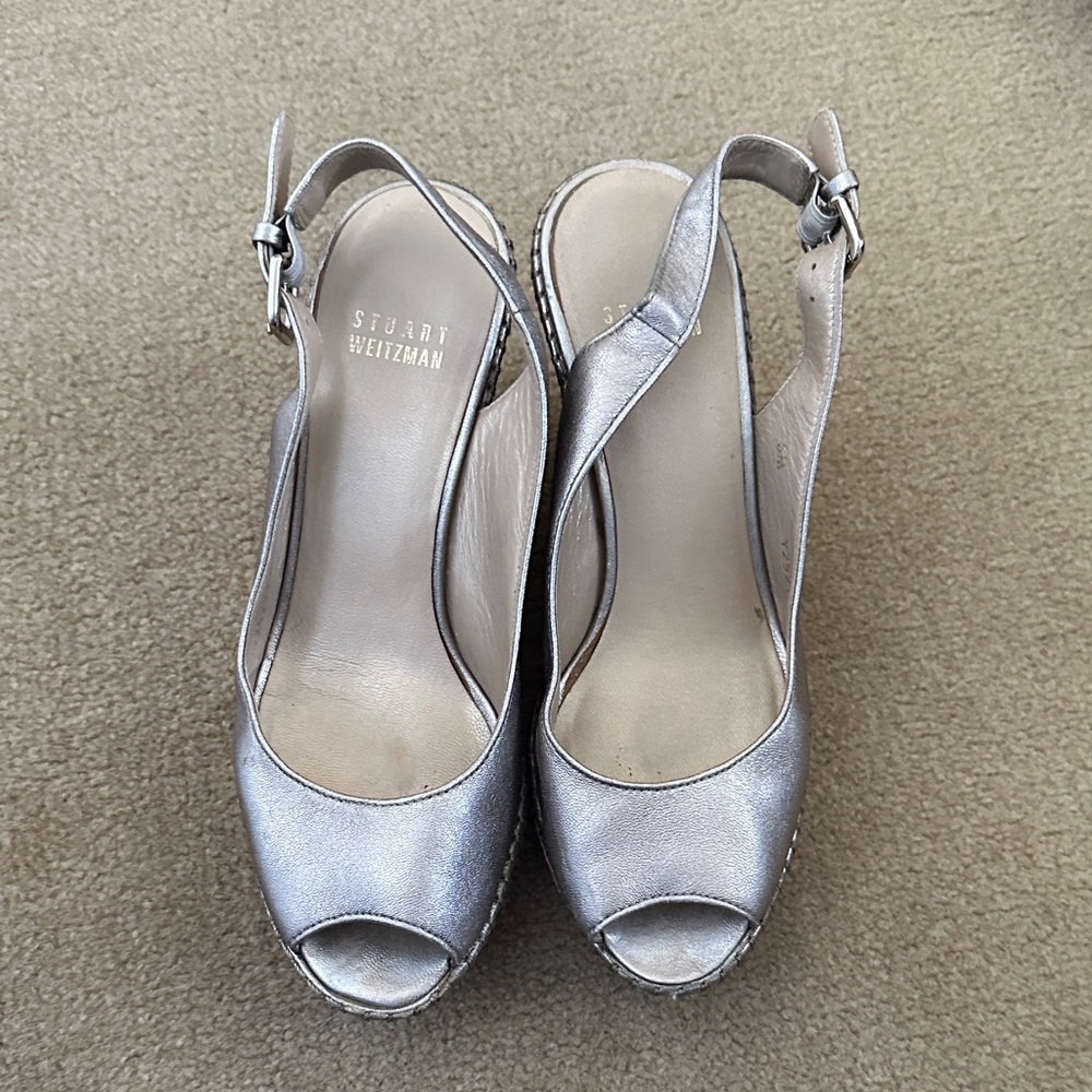 Stuart Weitzman Metallic Silver Peep-Toe Slingback Heels